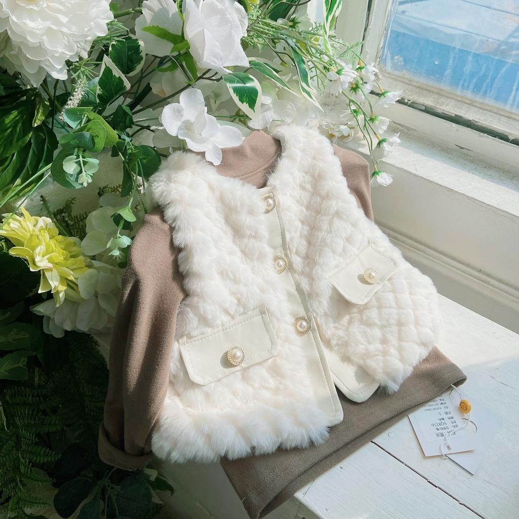 S49 - Áo Gile lông thỏ cho bé, khoác lông cao cấp mềm mại cho bé gái
