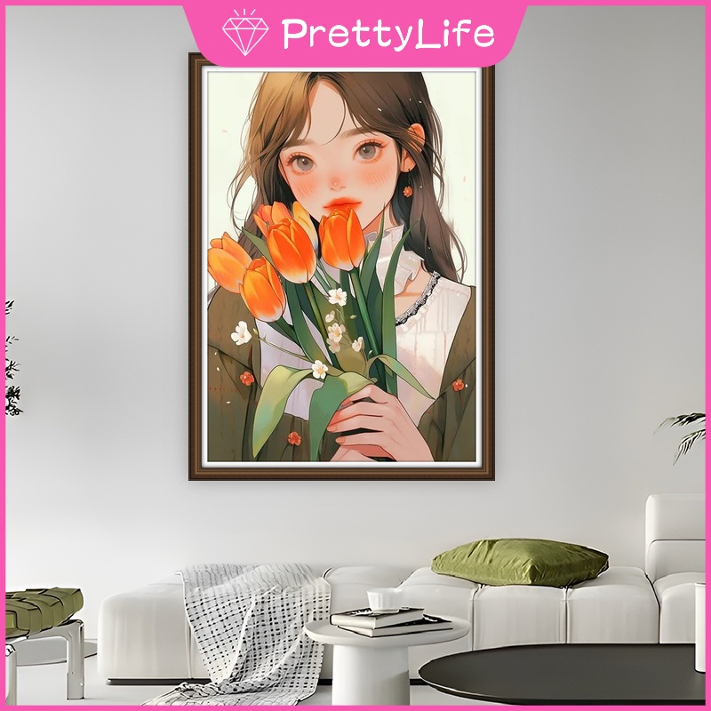 Bộ Tranh Đính Đá 5d Tự Làm 30x40cm Hình Cô Gái Và Hoa Hoạt Hình
