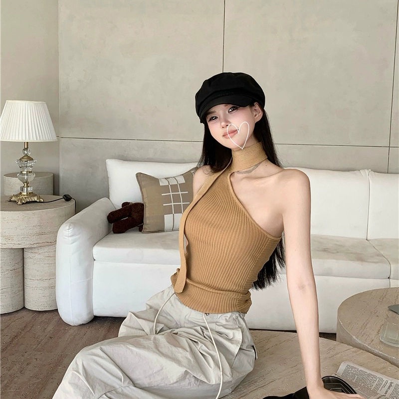 Áo Dệt Kim Hai Dây Dáng Ôm Ngắn Hở Vai Thời Trang Mùa Hè Quyến Rũ Cho Nữ