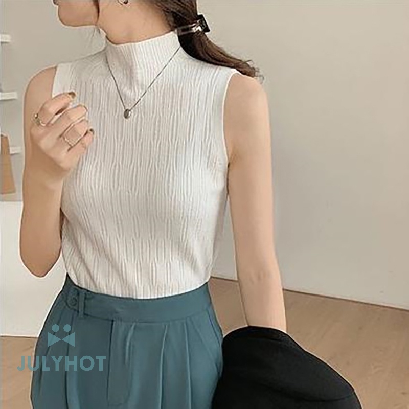 Áo Dệt Kim Sát Nách Cổ Lọ Màu Trơn Thời Trang Mùa Hè Cho Nữ