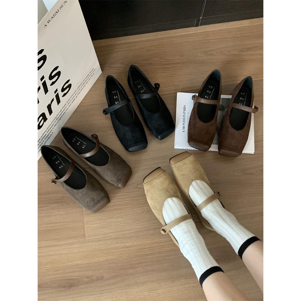 Giày Búp Bê mary jane Da Lộn Mũi Vuông Thời Trang Thu Đông 2023 Phong Cách Pháp Cho Nữ