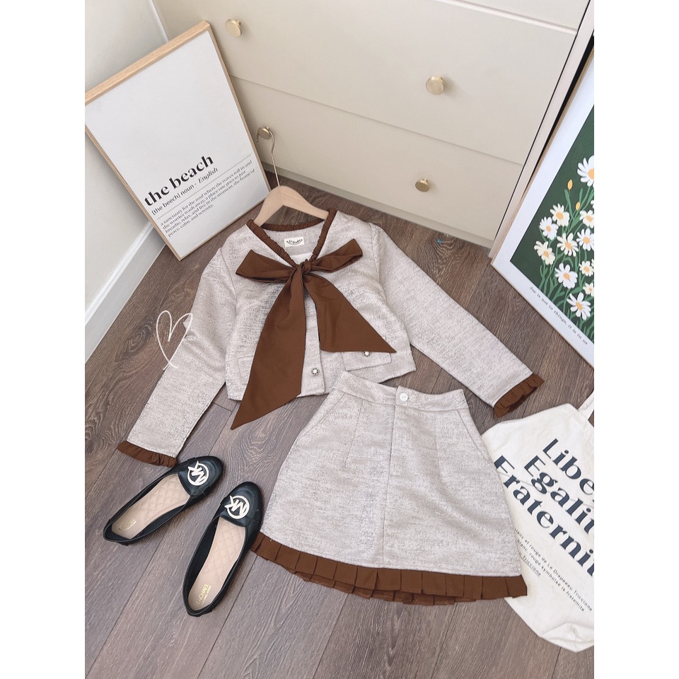 Set gấm phối nâu áo cột nơ +chân váy