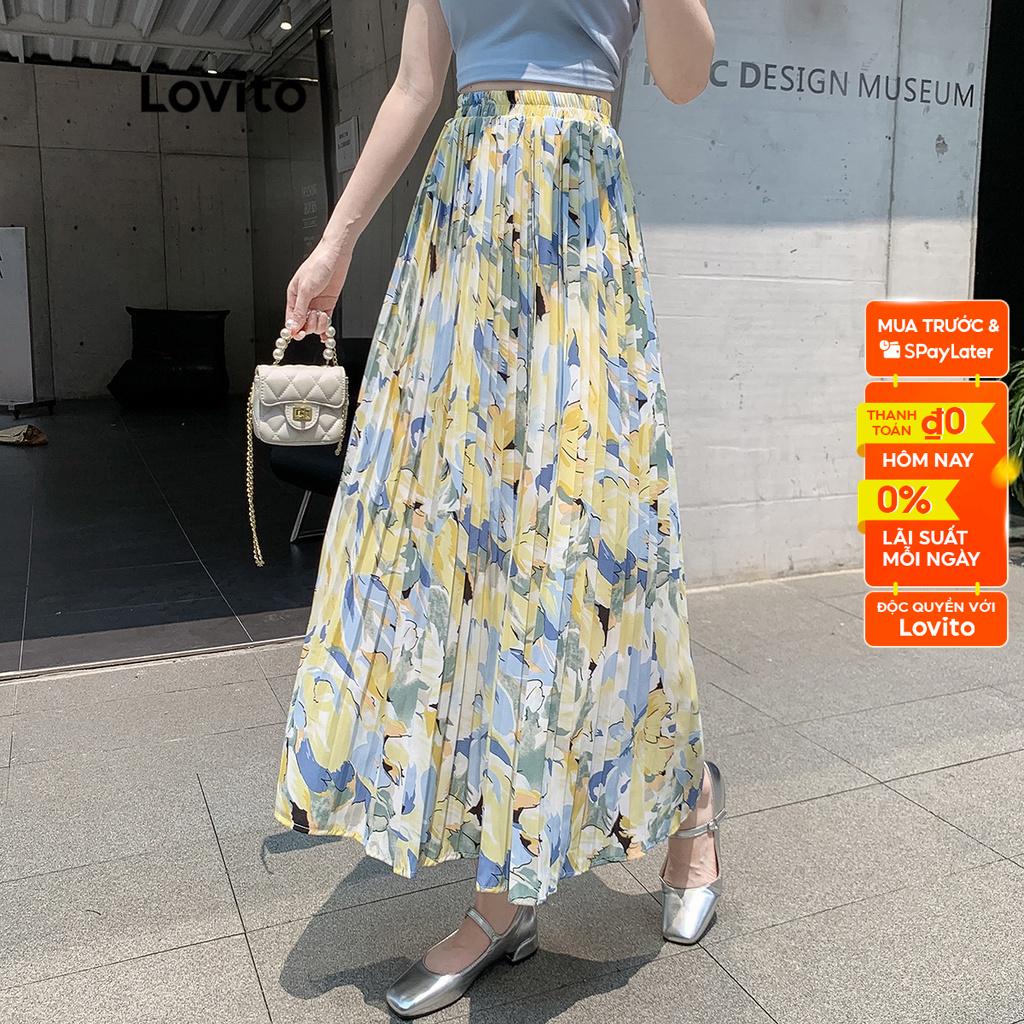Chân váy maxi Lovito xếp ly có nếp họa tiết hoa thường ngày cho nữ LNE09166 (Nhiều màu)