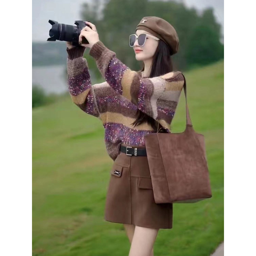 Áo sweater Dáng Rộng Màu Tương Phản Thời Trang Thu Đông 2023 Cho Nữ