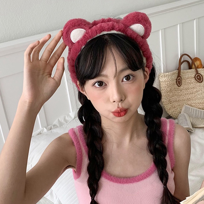 Băng Đô Cài Tóc Rửa Mặt Hình Tai Gấu / Dâu Tây Bằng Lông Nhung Dễ Thương Xinh Xắn