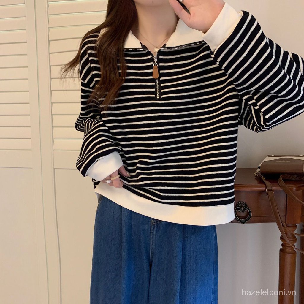 Áo Thun polo Tay Dài Hở Vai Có Khóa Kéo Dáng Rộng Phong Cách Mỹ Thời Trang Mùa Thu Hàng Mới Dành Cho Bạn Nữ