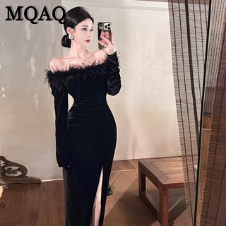 Đầm trễ vai MQAQ xếp ly phối lông thời trang thu đông cho nữ