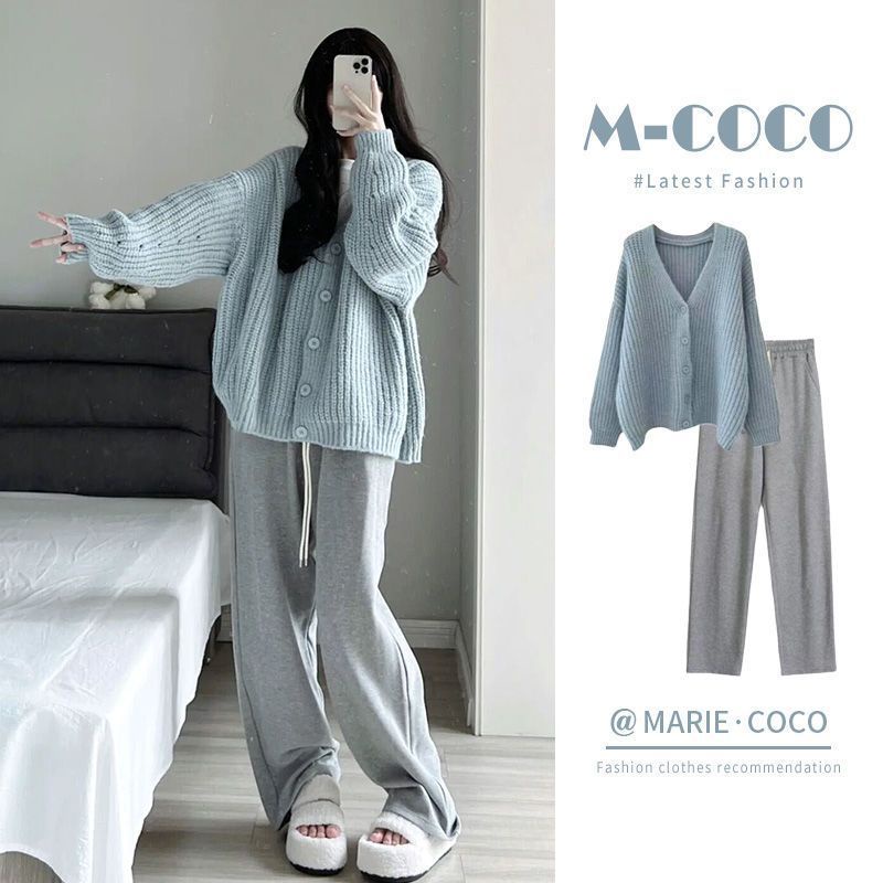Áo Khoác cardigan Dệt Kim Dáng Rộng + Chân Váy Lưng Cao Phong Cách Thời Trang Thu Đông Hàng Mới