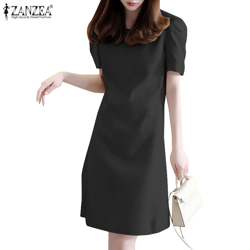 ZANZEA Đầm Chữ a Tay Ngắn Cổ Tròn Màu Trơn Phong Cách Hàn Quốc Cho Nữ