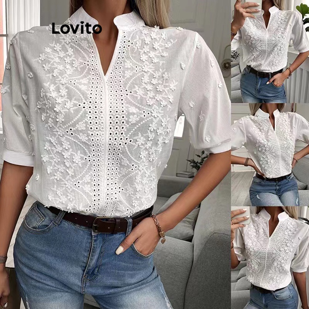 Áo kiểu Lovito dáng chữ A phối ren màu trơn thường ngày cho nữ LNE21087 (Màu trắng)