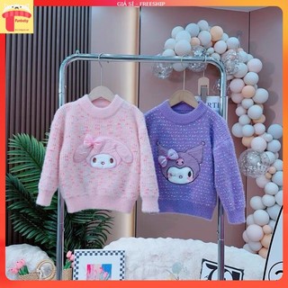 Áo len kiểu cho bé gái xuất Hàn, Áo len lông thỏ trẻ em nữ 4-10 tuổi đáp hình và đính nơ nhiều màu đanh sợi không bai xù