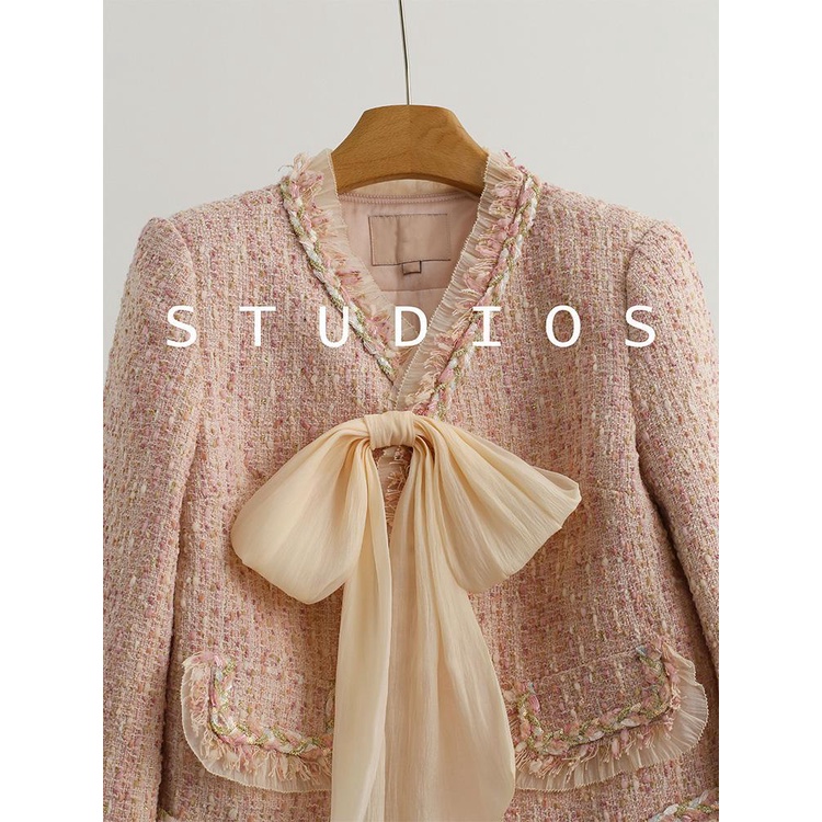 Bộ Áo Khoác cardigan Thắt Nơ Phối Chân Váy Vải tweed Màu Hồng Phong Cách Pháp Thời Trang Mùa Thu Mới