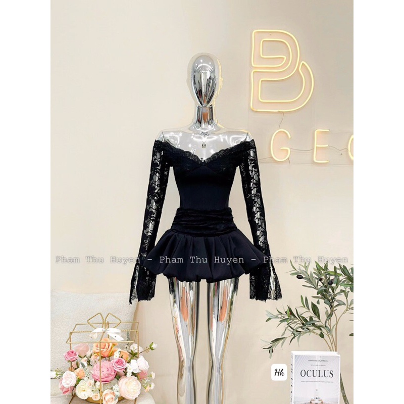 Set áo pha ren trễ vai chân váy