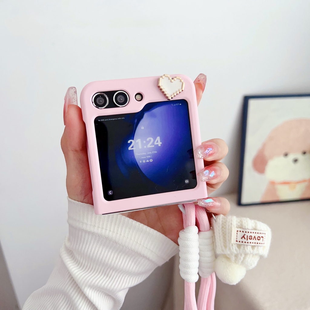 Bao Da Điện Thoại Nắp Gập Chống Va Đập Kèm Dây Đeo Tay Thêu Hình Chú Cún Dễ Thương Dành Cho samsung galaxy z Flip 3 Flip 4 Flip 5 Ốp