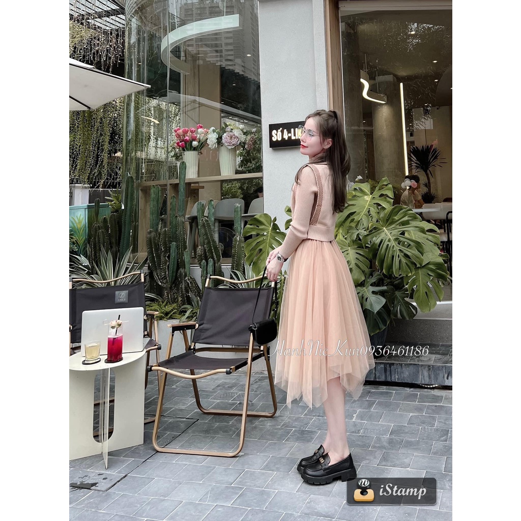 Set váy len chân voan mix áo gile len thêu ngôi sao hàng QC freesize