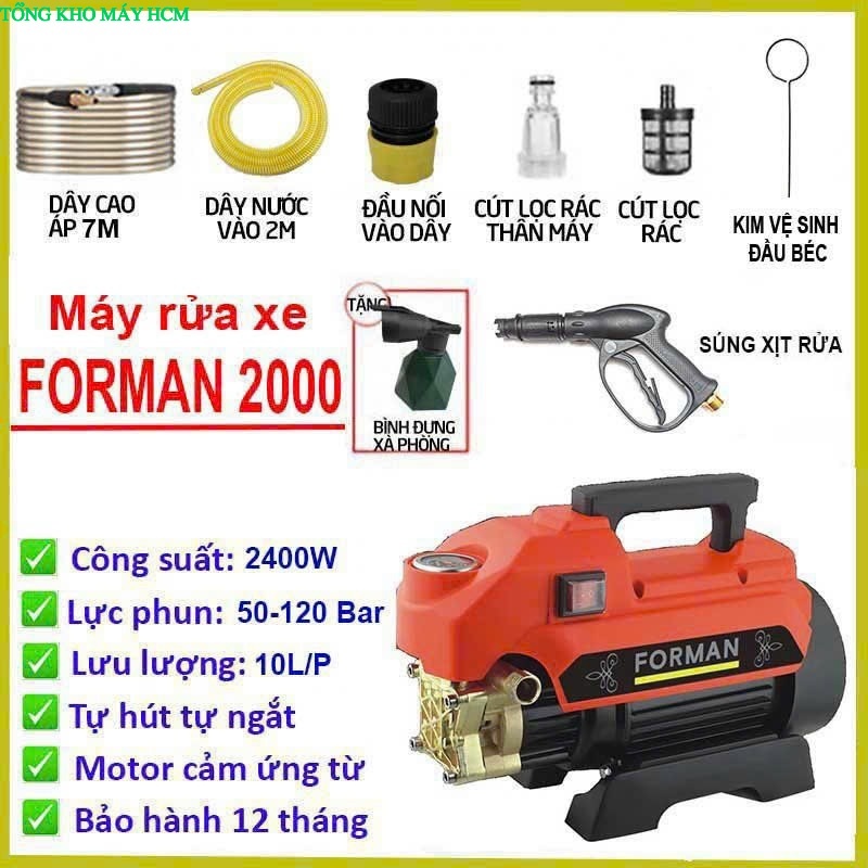 Máy rửa xe FORMAN 2000 model  công xuất 2000w mẫu mới - Bảo hành 12 tháng tổng kho máy hcm