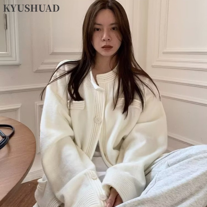 Kyushuad Áo Khoác sweater Dệt Kim Dáng Rộng Màu Trơn Phong Cách Hàn Quốc Đơn Giản Cho Nam
