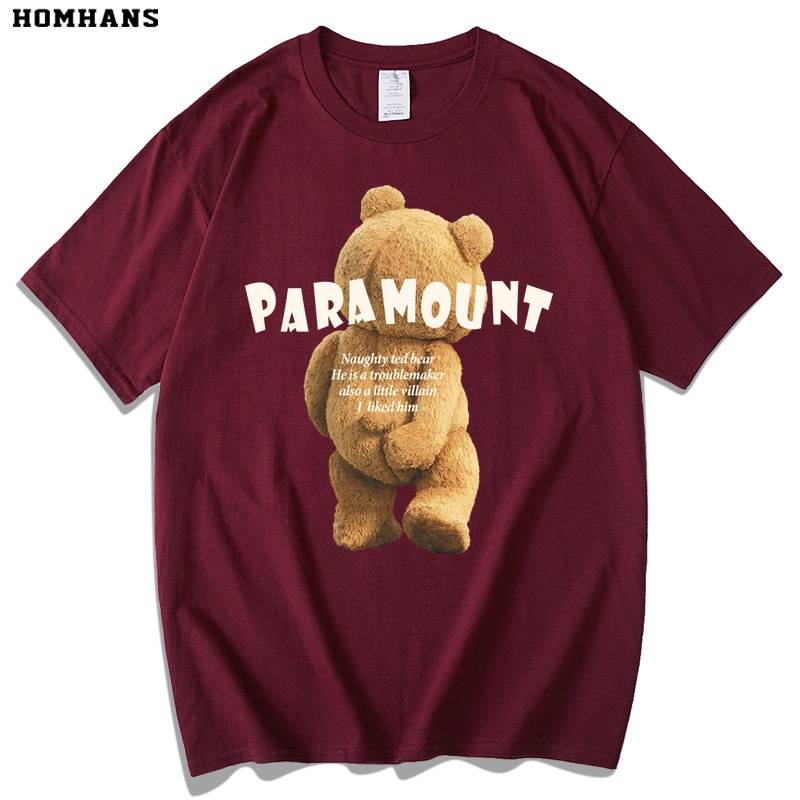 Áo Thun Ngắn Tay Màu Đỏ In Hình Gấu Vui Nhộn Phong Cách Hàn Quốc Cho Nam Và Nữ