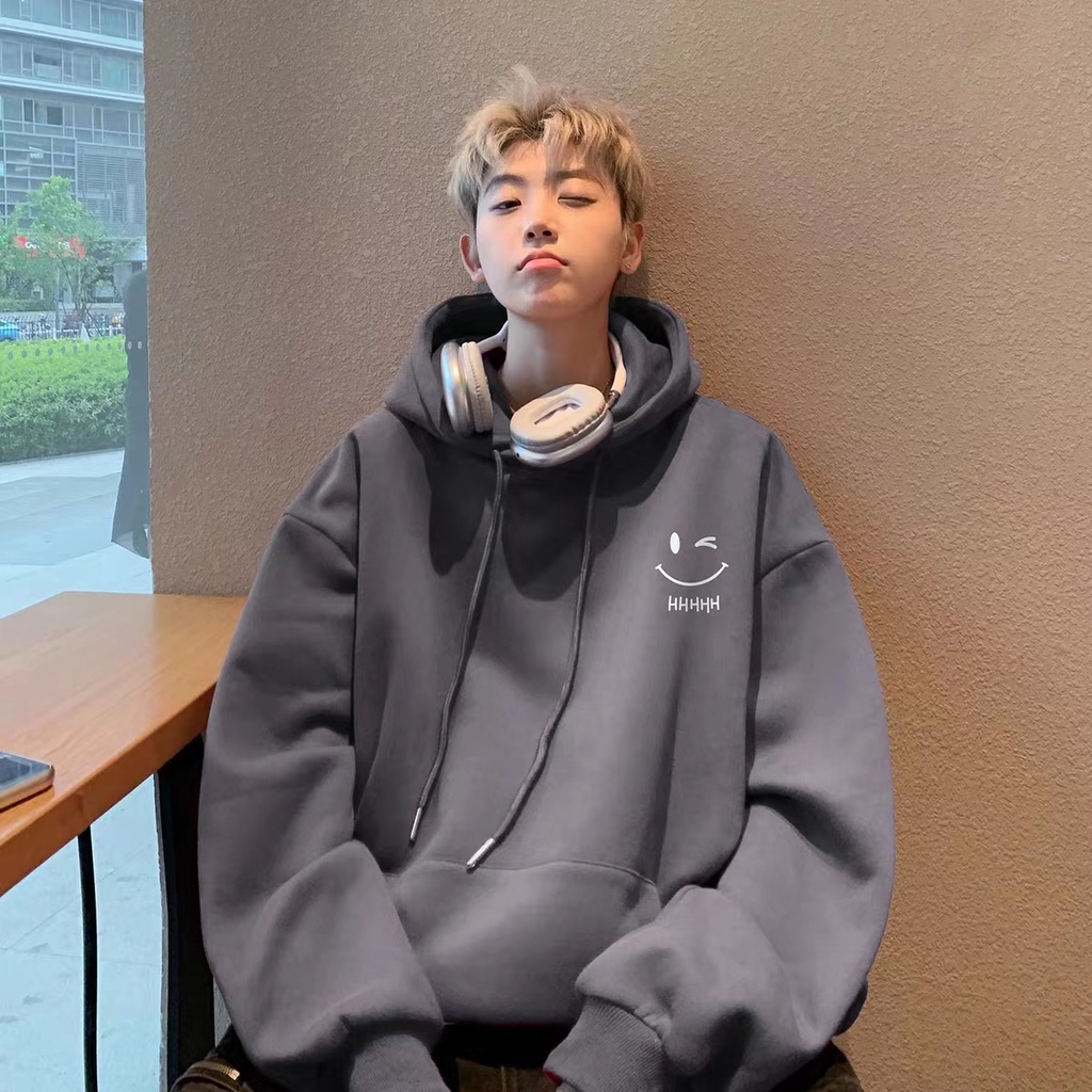 Áo Hoodie Nhung Dày Dặn In Hình Mặt Cười Màu Bạc Phong Cách hong kong Thời Trang Thu Đông Mới Cho Nam Và Nữ