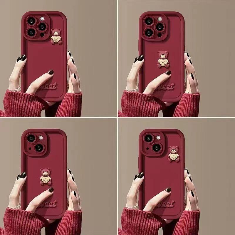 Ốp Điện Thoại Mềm Chống Rơi Hình Gấu Màu Đỏ Rượu Ba Chiều Cho iphone x xr xs max 11 12 13 14 15 pro max 7 8 plus