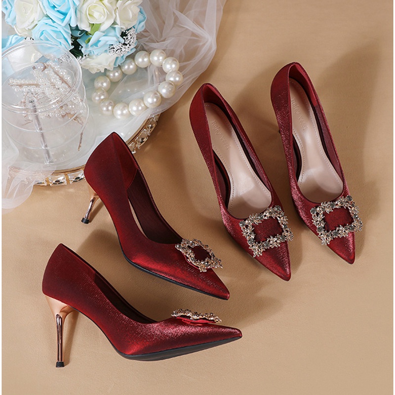 Giày Cao Gót 6cm 9cm Mũi Nhọn Đính Đá Màu Đỏ Quyến Rũ Thời Trang Phong Cách Hàn Quốc Cho Nữ