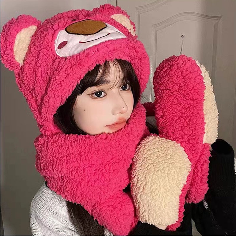 Nurgaz set Mũ Đi Xe Đạp Ngoài Trời + Khăn Choàng + Găng Tay + Mũ Lông Giữ Ấm Hình Gấu / Dâu Tây Dễ Thương Cho Nữ