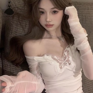 Crlnhc Áo  kiểu Thun crop top Tay Dài Dáng Ôm Phối Lưới Họa Tiết Bướm Rỗng Gợi Cảm Cho Bạn Gái phong cách Hàn Quốc vn