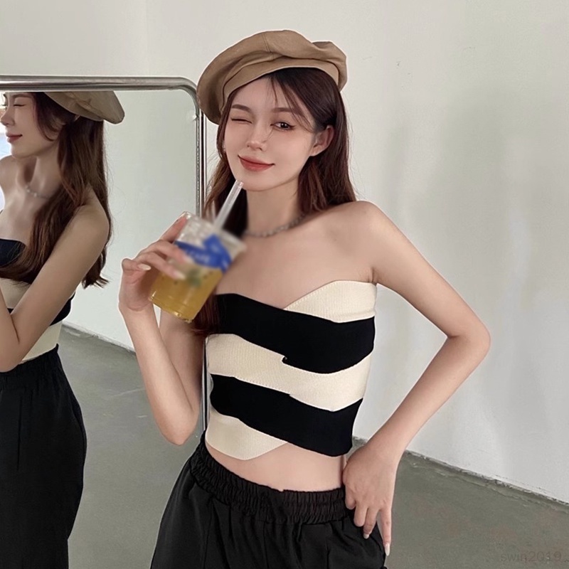 Áo Croptop Dệt Kim Sát Nách Kẻ Sọc Màu Tương Phản Kiểu Hàn Quốc Thời Trang Mùa Hè Cho Nữ