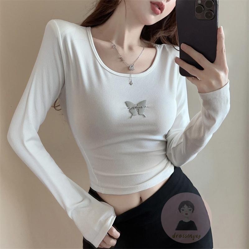 Áo Thun Tay Dài Cổ Tròn Thắt Dây Chéo Lưng In Hình Bướm Bằng Kim Loại Dành Cho Nữ