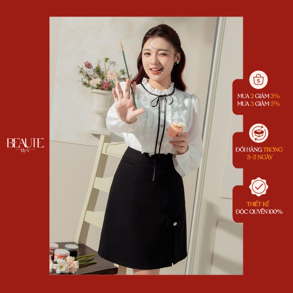 BEAUTEBYV - Chân váy nữ dáng A gấu nơ đính đá Goya
