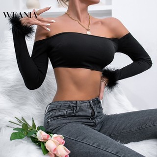 Áo Croptop Trễ Vai Tay Dài Vải Lông Cừu Gợi Cảm