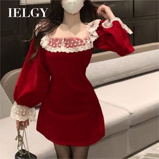 Ielgy Váy ngọt ngào cổ vuông khâu ren Váy năm mới dành cho nữ