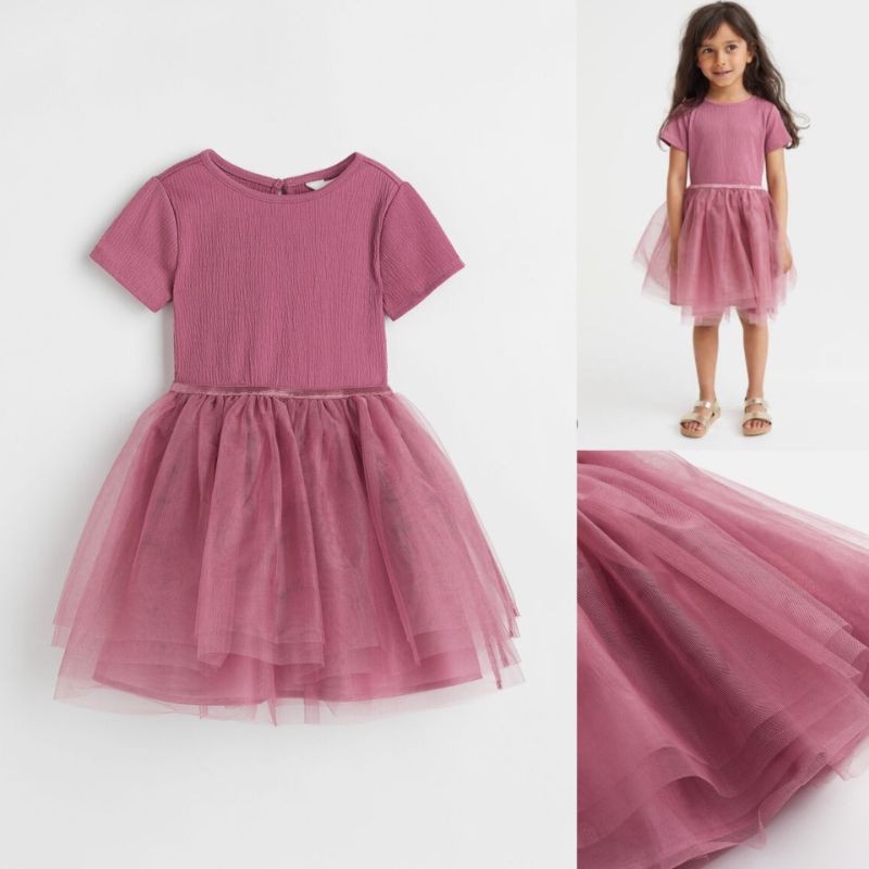 Đầm thun tím hồng ngắn tay phối voan hàng H&M xuất xịn