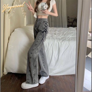 Yuyureal Quần Jean Nữ Ống Rộng Màu Xám Khói Phong Cách Hàn Quốc Kiểu Mới Quần jeans Ống Rộng Màu Xám Phong Cách Hàn Quốc