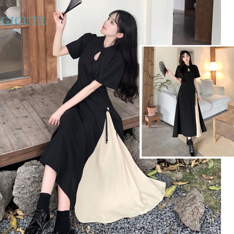 Gjcute Đầm Dài Tay Ngắn Phối Màu Thanh Lịch vintage Thường Ngày Cho Nữ Wd
