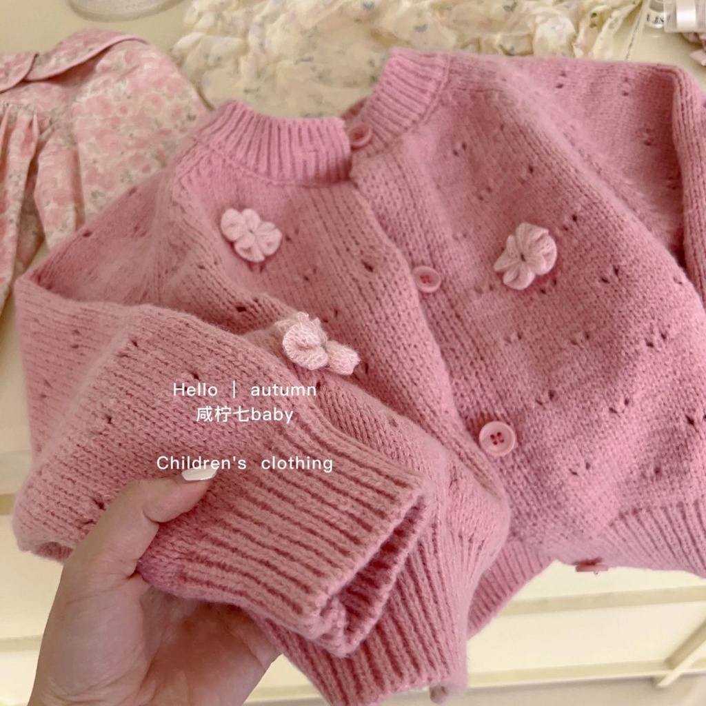 Set Váy Thu Đông, Váy Dệt Kim In Hoa Cổ Búp Bê + Áo Khoác Cardigan Phong Cách Hàn Quốc Thời TrangThu Đông Dành Cho Bé