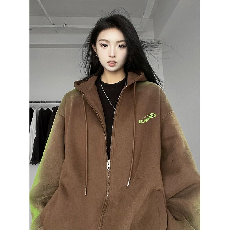 Áo Khoác cardigan Có Mũ Trùm Màu gradient Xanh Lá / Đen Phong Cách Đường Phố Mỹ Thời Trang Mùa Xuân Cho Bạn Gái 00y1