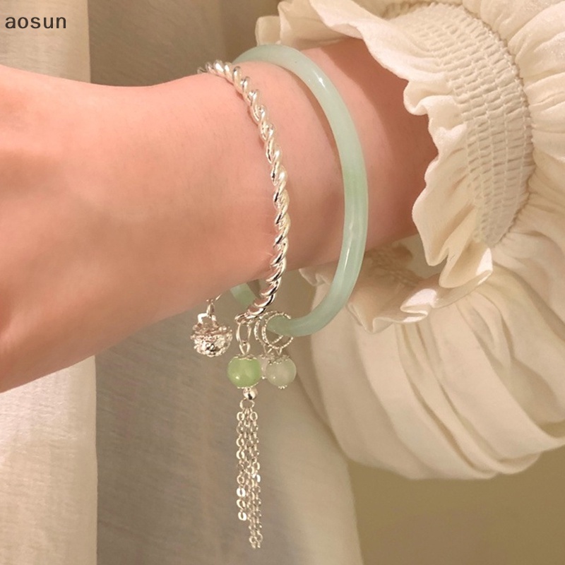 Aosun Vòng Tay Hở Hai Đầu Màu Xanh Lá Cây Phong Cách vintage Thời Trang Có Thể Điều Chỉnh Cho Nữ