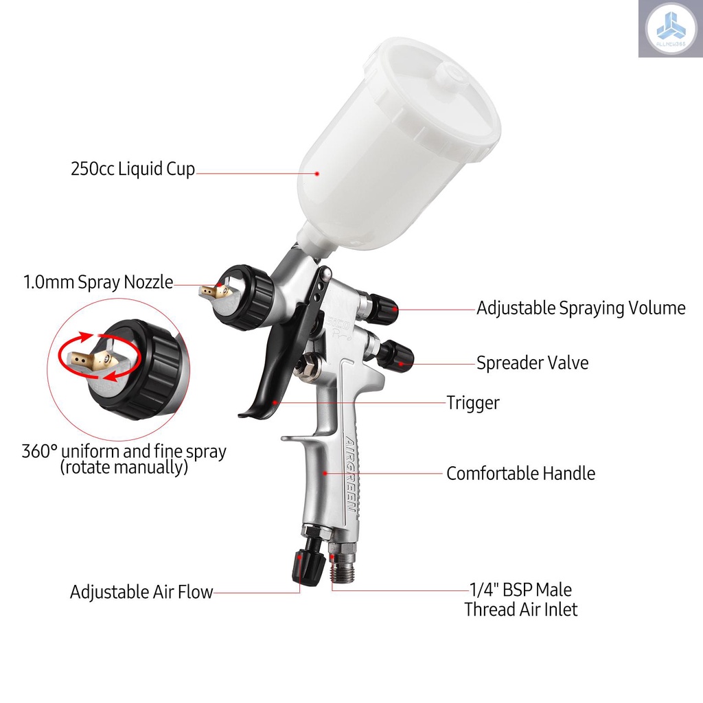 Hvlp Súng Phun Sơn 1.0mm 250cc mini Cầm Tay Xoay 360 Độ tolo-9.3