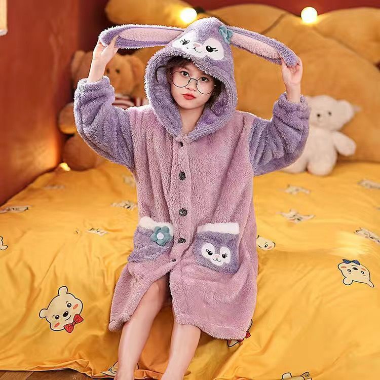 Áo Choàng Ngủ Dáng Dài Chất Nỉ Dày Dặn In Họa Tiết Hoạt Hình Dễ Thương Thời Trang Thu Đông Cho Bé Gái