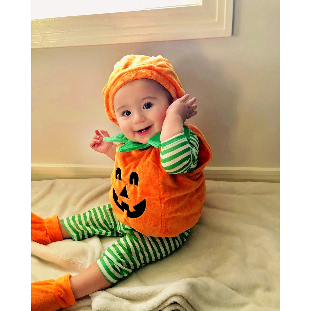 Bộ Áo Liền Quần Cổ Tròn Không Tay Hình Bí Ngô halloween Dễ Thương Cho Bé