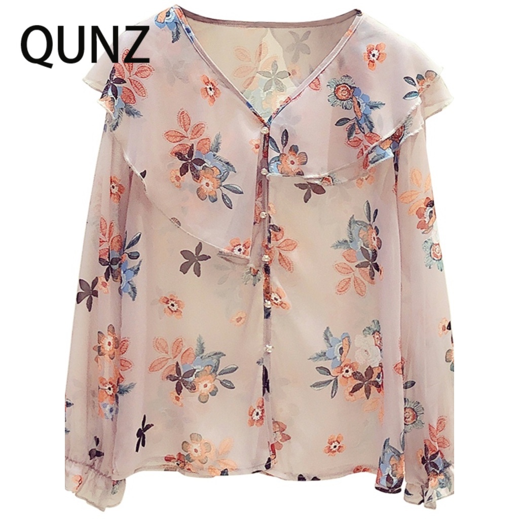 Qunz Bán Buôn Áo Sơ Mi Voan Hoa Cổ Chữ v Viền Bèo Nhún 7105
