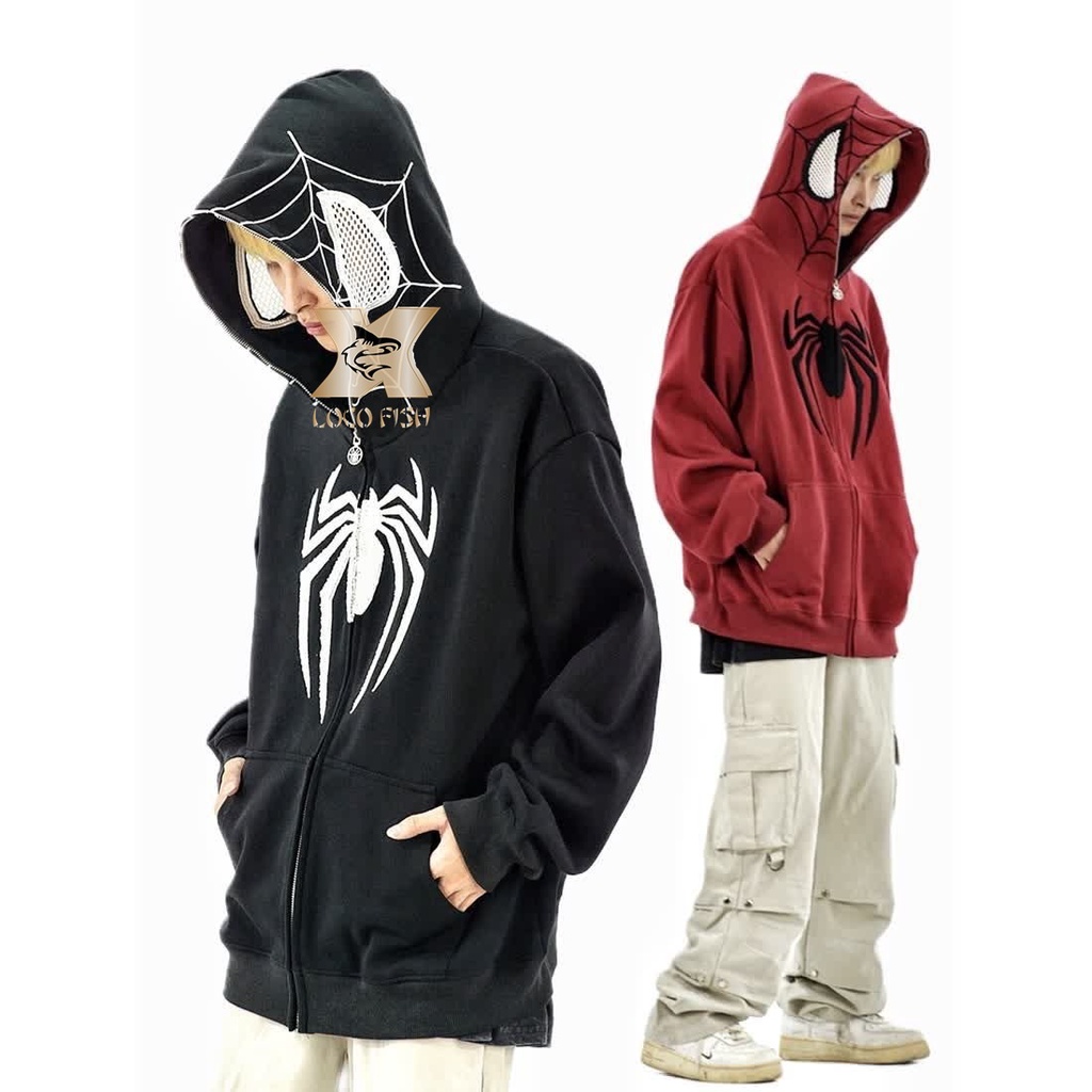 Mlb Áo Khoác Hoodie Dáng Rộng Có Khóa Kéo In Hình Người Nhện Kiểu retro Hàn Quốc Cá Tính