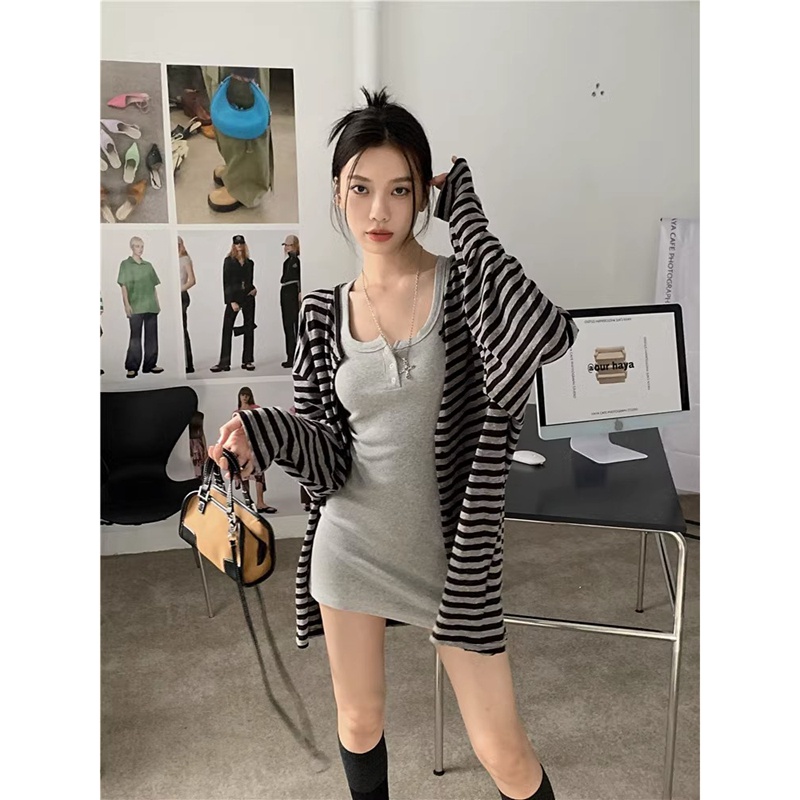 SUXI Set Áo cardigan Tay Dài Kẻ Sọc + Đầm Sát Nách Màu Sắc Đơn Giản Phong Cách vintage