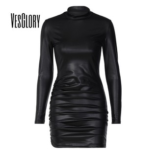 VesGlory Váy Mini nữ Thời Trang In Màu Trơn Tay Dài Cổ Cao Ôm Bodycon