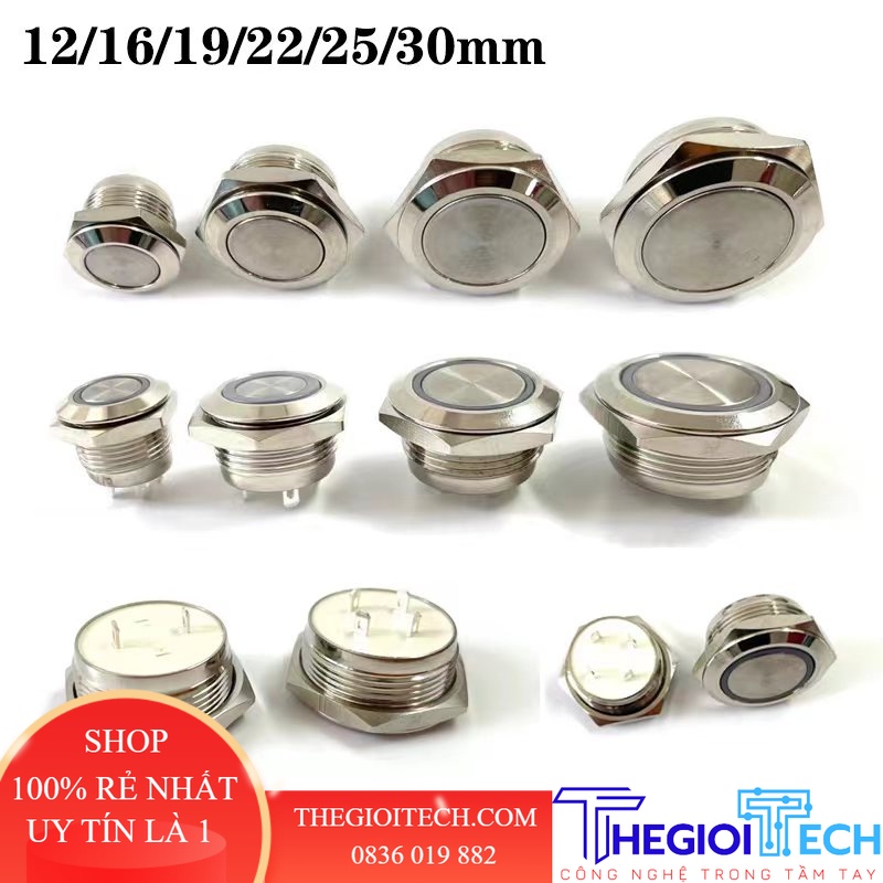 Nút Công Tắc Kim Loại mini 12mm Siêu Ngắn Chống Thấm Nước - Xanh lam - 12-24V