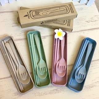 Bộ hộp 3 món đũa, thìa , dĩa bằng lúa mạch màu pastel | gấu hair