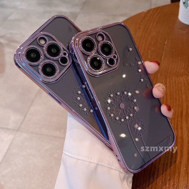 Ôp Điện Thoại tpu Dẻo Trong Suốt Mạ Điện Họa Tiết Hoa Bồ Công Anh Tím Cho iphone 15 14 plus 13 12 11 pro max Ốp