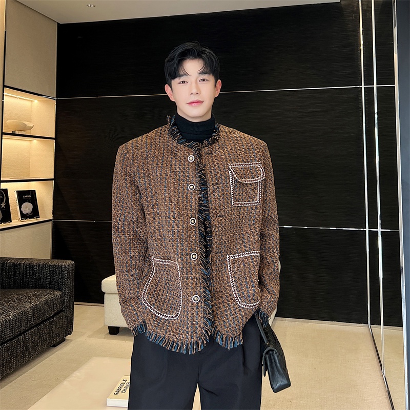 Tweed Áo Khoác blazer Vải Dệt Cổ Tròn Phối Tua Rua Và Nút Kim Loại Màu Nâu / Xanh Dương Hợp Thời Trang Cho Nam
