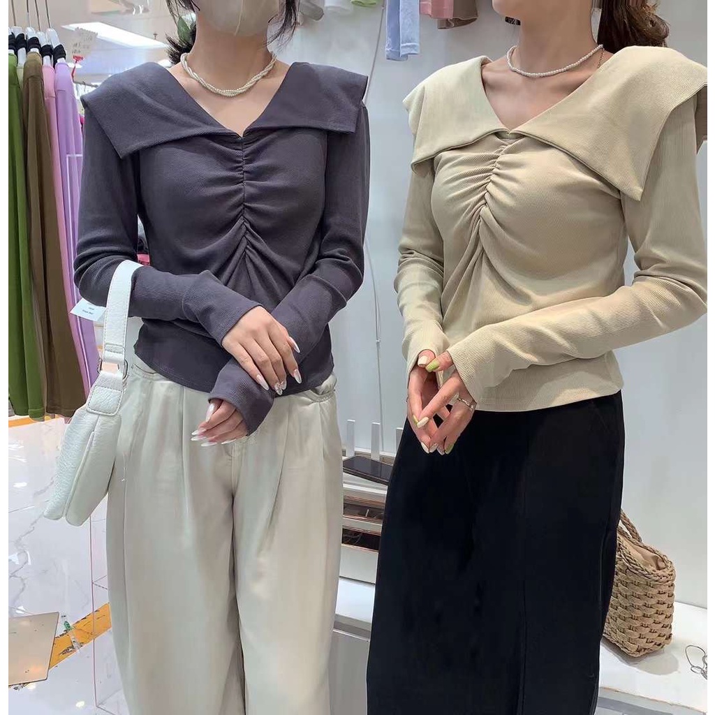 Áo len mtg dài tay cổ xẻ dúm ngực hàng QC